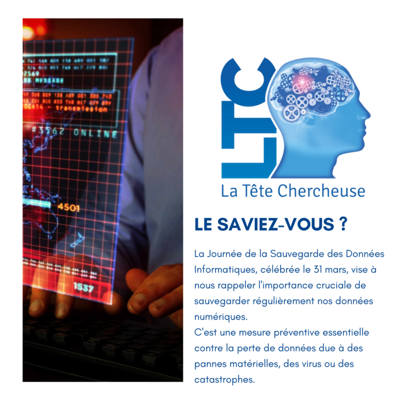 🗓️ Le 31 mars, c'était la Journée de la Sauvegarde des Données Informatiques ! 
N'oubliez pas que la meilleure défense contre la perte de données est une bonne sauvegarde 🔒
Protégez vos précieuses informations en les préservant régulièrement. Ne laissez pas vos données au bord du gouffre de l'oubli !💾🖥️

#leSaviezVous #LTC #LaTeteChercheuse